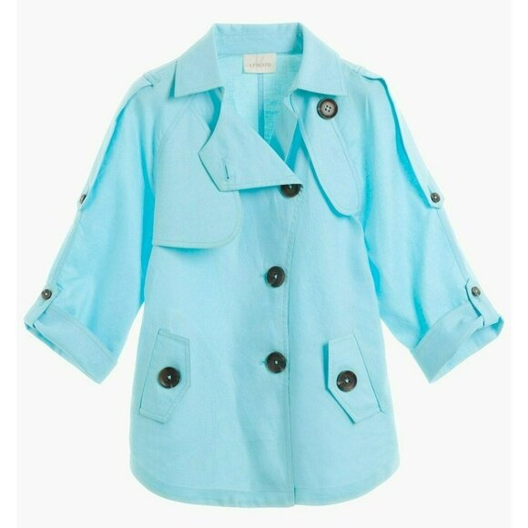 Chicos Womens Size 3 Cropped Linen Trench Jacket Light Blue Adjustable Sleeves - Picture 2 of 13